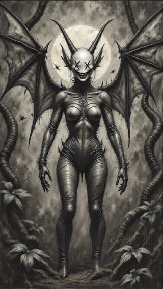 Monochrome pencil sketch of a faceless demonic mannequin with stitched eyes and grin, large horns and bat-like wings, standing in a dark jungle with twisted vines.