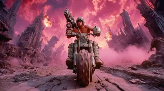 Massive chest-bare space marine riding a spike-wheeled hoverbike on a shattered alien highway, firing shoulder-mounted laser cannon amidst a crumbling cityscape under a fiery pink sky.