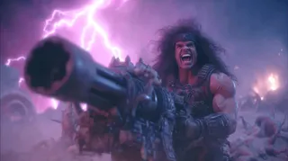 A muscular space marine with wild hair and glowing eyes laughs fiercely while firing a massive quad-barreled plasma cannon amid crawling alien creatures and neon lightning in a dark fantasy 80s VHS style scene.
