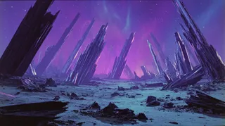 Panoramic view of an alien canyon filled with massive cracked glass spires emitting soft purple light under an aurora-like sky, with scattered mech armor remains and black sand dunes.