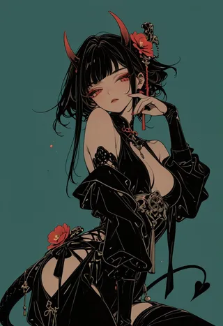 A seductive ninja demon girl with red horns and black outfit posing against a teal background in anime style.