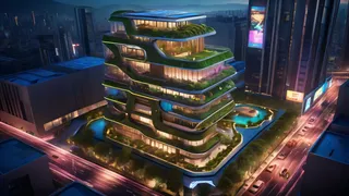 Hyperrealistic night view of a futuristic multi-level green building with terraces of plants and gardens, surrounded by a busy cityscape with illuminated roads and tall skyscrapers.