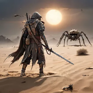 A solitary wanderer clad in worn samurai armor and a tattered cloak stands in a desolate desert wasteland, facing a large mechanical spider under a blazing sun with cinematic lighting.