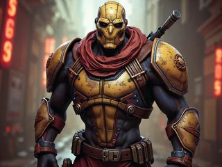 A muscular figure clad in futuristic golden armor with a red scarf stands in a blurred urban street setting, holding a weapon on his back.