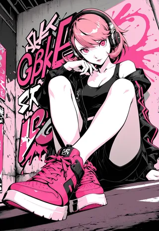 Takeba Yukari sitting in front of a graffiti wall wearing stylish pink sneakers, black streetwear, and headphones in a high-contrast pink monochrome comic book style.