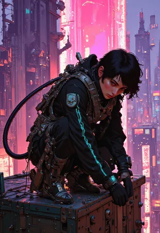 A cyberpunk woman in sleek tactical gear crouches on a weathered circuit box, set against a neon-lit futuristic cityscape with glowing digital signs and tall towers.