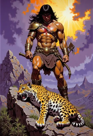 A muscular warrior stands triumphantly on rugged rocks over a defeated leopard with a stormy sky and bright sun in the background, rendered in bold Frank Frazetta style.