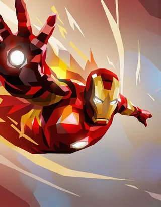 Low polygonal illustration of Iron Man in red and yellow armor flying dynamically with glowing eyes and palm repulsor, set against a gradient background.