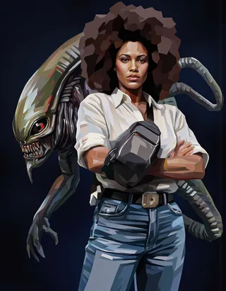 Low-polygonal digital illustration of a confident woman with an afro hairstyle wearing a white shirt and blue jeans, standing with a menacing alien creature behind her against a dark background.