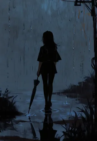 Silhouette of a slender person holding a folded umbrella, standing in the rain with dark and muted watercolor tones, reflecting on a wet surface with abstract sketchy background.