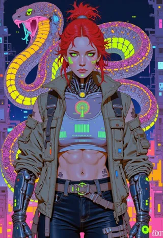 A fierce female biomechanical cyborg with glowing acid-green eyes and crimson red hair in a messy bun, wearing a cyberpunk jacket and holographic top, with cybernetic arms. Behind her coils a massive neon-lit Saharan horned viper against a neon cityscape.