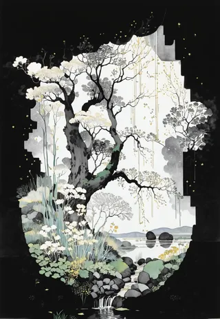 Detailed pen-and-ink illustration of a gingko tree by a calm stream with stone shrines, wildflowers, and a starry celestial night sky in the background.