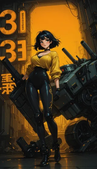 A cyberpunk anime-style woman stands confidently in a dark industrial urban setting, wearing a yellow top and black bodysuit, beside a large futuristic mech with cannons.