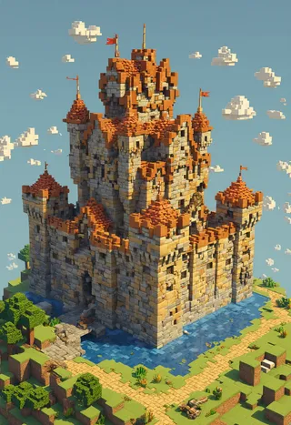 A large Minecraft style voxel castle with orange rooftops surrounded by a blue moat and pixelated trees under a blue sky with blocky clouds.