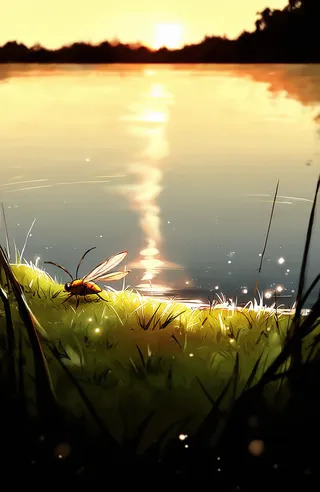 Stylized serene lakeside at sunset with a single firefly resting on wet grass, water reflecting golden sunlight, and silhouetted trees in the background.