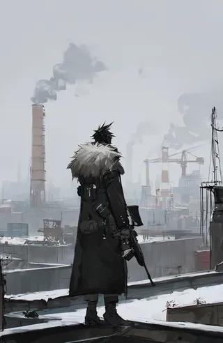 A lone figure with spiky hair wearing a long fur-trimmed coat and tactical gear, holding a rifle on a snow-covered rooftop overlooking a foggy industrial cityscape with smokestacks and cranes.