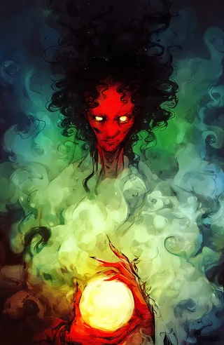 Dark surreal digital painting of a red-skinned figure with glowing eyes and curly hair surrounded by swirling green and blue smoke, holding a bright glowing orb.