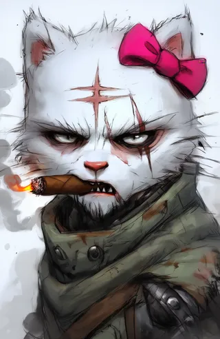 Close-up of a rugged white fur Hello Kitty cat soldier with visible battle scars, a pink bow on head, lit cigar emitting smoke, intense 1000-yard stare, and wearing military attire.