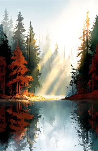 A stylized forest scene featuring tall trees reflected in calm water with bright light rays streaming through a misty sky.