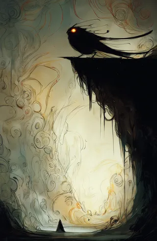 A digital painting of a mysterious shadowy bird with glowing orange eyes perched on a dark cliff overlooking a lone figure in a dimly lit surreal cave filled with swirling abstract patterns.