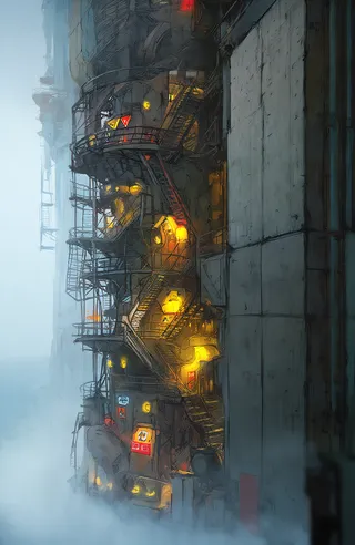Massive industrial steampunk structure with rusted metal, metal staircases and warm yellow-orange lights against a foggy background with weathered concrete panels.