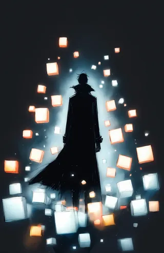A moody digital artwork showing a silhouetted figure in a long coat surrounded by glowing floating cubes of orange and white against a dark black background, viewed from behind.