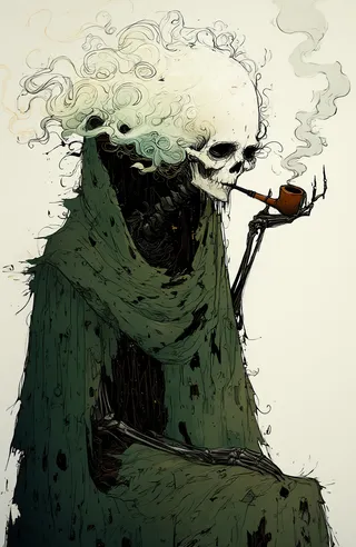 A haunting digital painting of a skeletal figure draped in tattered dark green fabric, with flowing ethereal hair, smoking a wooden pipe emitting ghostly smoke.