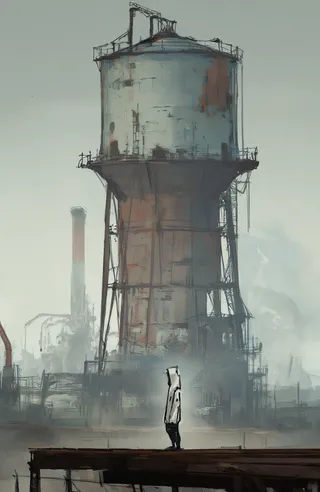 Digital painting of a post-apocalyptic industrial scene featuring a large dilapidated water tower and a lone figure in a white hoodie standing on a wooden platform, under soft diffused light with muted colors.