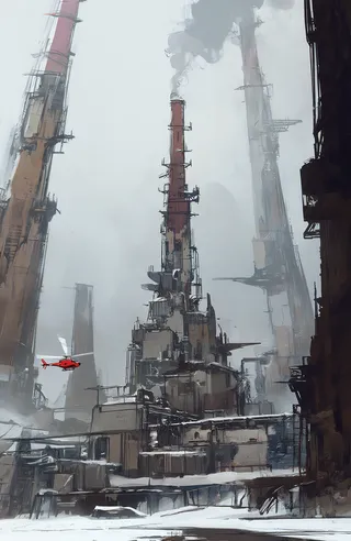 A detailed digital painting of a snow-covered futuristic industrial complex with towering crumbling smokestacks and a small red helicopter hovering nearby under a misty grey sky.