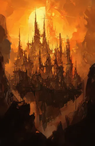 A digital painting of a fantastical ruined cityscape with crumbling towers and spires floating above dark jagged rocks, illuminated by a bright fiery orange sky and warm golden light.