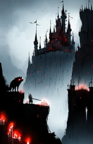 Dark and eerie digital painting of a gothic castle with red glowing lights, a glowing red-eyed wolf on a ledge, a knight with a sword, and candles illuminating the scene.