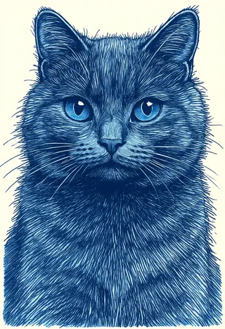 Detailed portrait of a cat drawn in blue ballpoint pen style with crisp monochromatic linework and subtle ink texture.