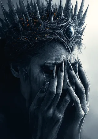 Close-up digital illustration of a forgotten queen pressing her face into her hands, wearing a twisted obsidian crown with dark gleaming nails, tears reflecting sapphire blue and burnt orange hues in a grayscale setting.