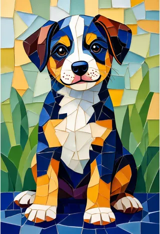 Colorful mosaic art of a sitting puppy composed of small, glossy tiles with sharp edges and vibrant colors.