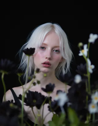 A photorealistic portrait of a young pale woman with soft wavy white hair and clear grey eyes, surrounded by blurred black flowers against a dark background.