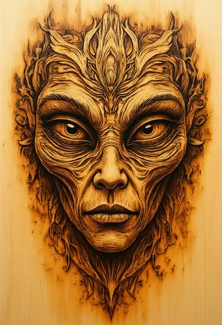 Intricately detailed alien face burned onto wood using pyrography art style with delicate and permanent markings showcasing craftsmanship
