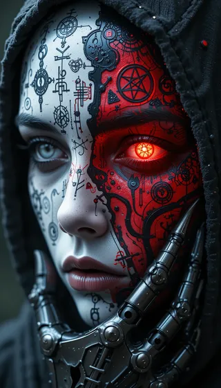 Close-up of a face split into white and red halves with black intricate patterns, one glowing red eye, and a mechanical hand touching the chin, wearing a hood.