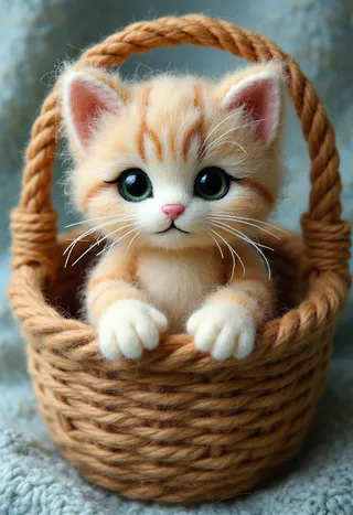 Toy fluffy kitten with large green eyes and orange stripes in a woven basket, designed in a tactile felt art style with intricate layering and detailing.