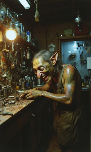 A goblin mechanic with oil-smeared hands laughing joyfully inside a cluttered garage filled with enchanted tools, chrome surfaces, and spell runes, illuminated by warm nostalgic lighting.