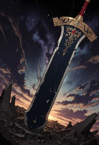 Close-up view of a single rusty greatsword grounded in broken terrain with a dramatic sunset sky and particle effects in the background, shown at a dutch angle perspective.