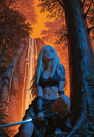 An athletic white-haired woman with tattoos and a katana crouches near a tree in a zen garden at dusk with a waterfall and orange sky background.