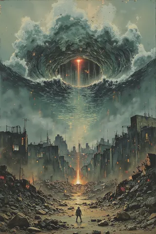 Cena surreal pintada à mão mostrando uma onda oceânica tempestuosa com cristas apontando para baixo fundindo-se com uma cidade distópica devastada e árida em ruínas refletida na água.