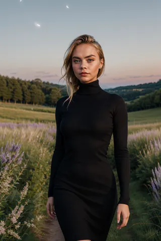 A woman with big eyes and glossy lipstick wearing a black turtleneck dress standing in a moonlit meadow surrounded by herbs and fireflies.