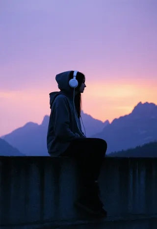 Silhouette of a solitary woman in a charcoal hoodie with headphones, sitting on a concrete ledge against a vivid sunset with mountain outlines.