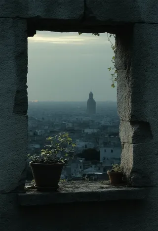 View through a solitary window framed by a rough stone wall, overlooking a dim cityscape at twilight with a prominent distant tower, and two potted plants on the window ledge catching scarce light.