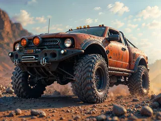 A muddy off-road truck with large 4x4 tires driving on rocky desert terrain under a partly cloudy sky at sunset.