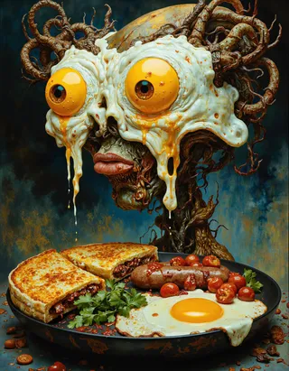 A surreal horror creature with humanoid features made of breakfast dishes, including dripping fried eggs as eyes, a grotesque face, and sausage with tomatoes on a plate below.