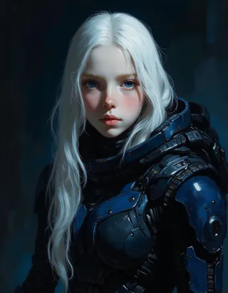 Realistic oil painting portrait of an albino young female Shepard wearing black and blue Mass Effect armor with long white hair and blue eyes inside a dark spaceship.