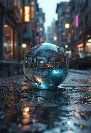 A hyper-realistic glass sphere resting on a wet urban street, reflecting blurred city lights and buildings in high detail with iridescent accents.