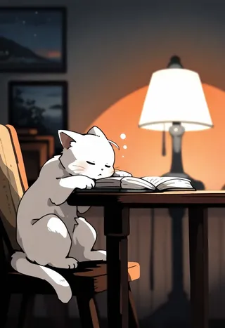 A white cat sits at a table with an open book, appearing sleepy and relaxed under the warm light of a nearby lamp in a cozy indoor setting.